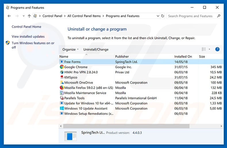 search.hfreeforms.co browser hijacker uninstall via Control Panel