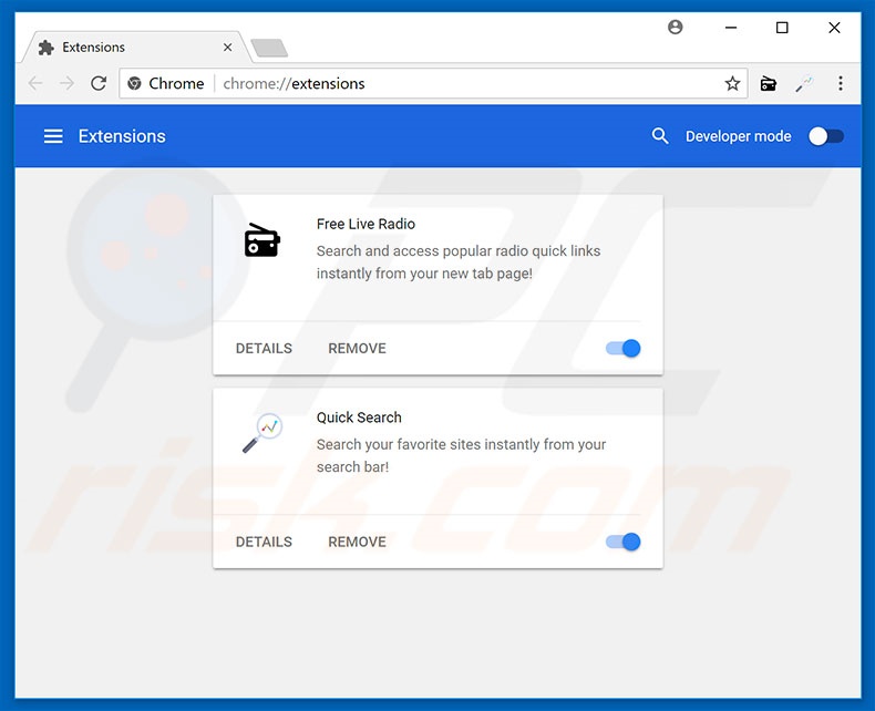 Removing search.hfreeliveradio.co related Google Chrome extensions