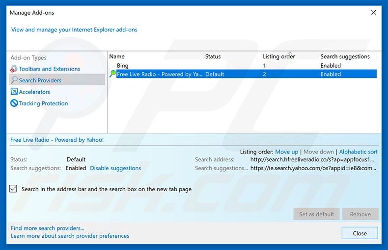 Removing search.hfreeliveradio.co from Internet Explorer default search engine