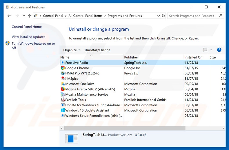 search.hfreeliveradio.co browser hijacker uninstall via Control Panel