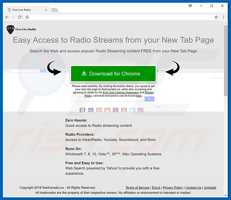 Website used to promote Free Live Radio browser hijacker