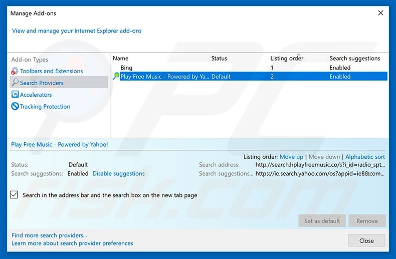 Removing search.hplayfreemusic.com from Internet Explorer default search engine