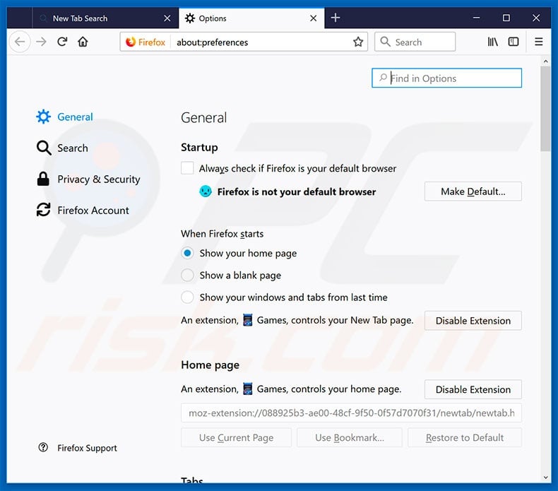 Removing search.hinstantgamesnow.com from Mozilla Firefox homepage