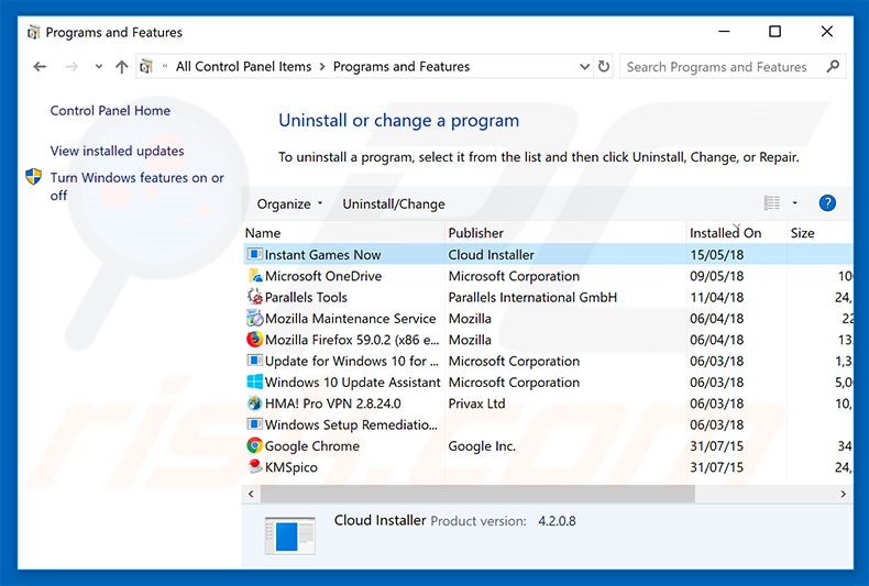 search.hinstantgamesnow.com browser hijacker uninstall via Control Panel