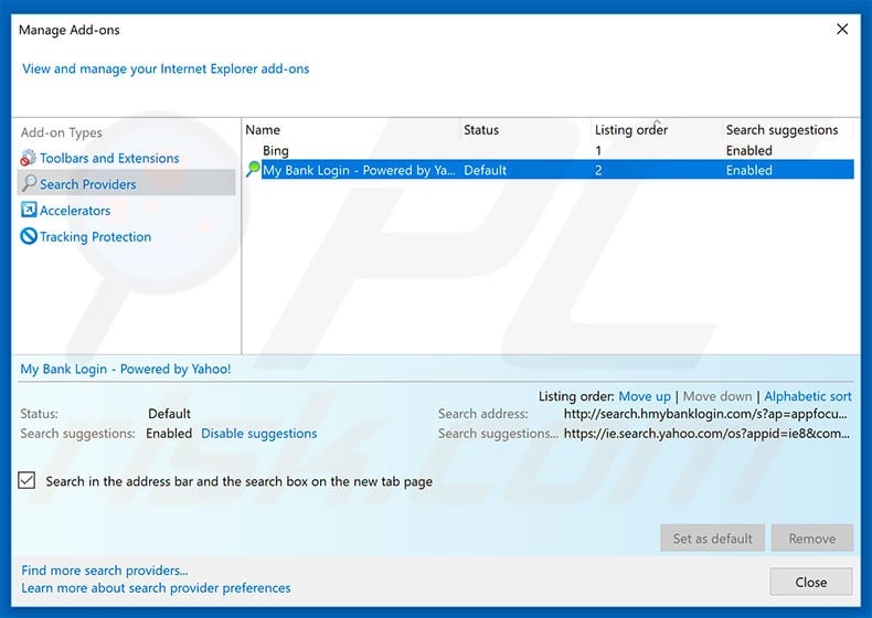 Removing search.hmybanklogin.com from Internet Explorer default search engine
