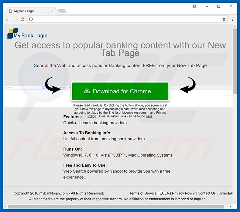 Website used to promote My Bank Login browser hijacker