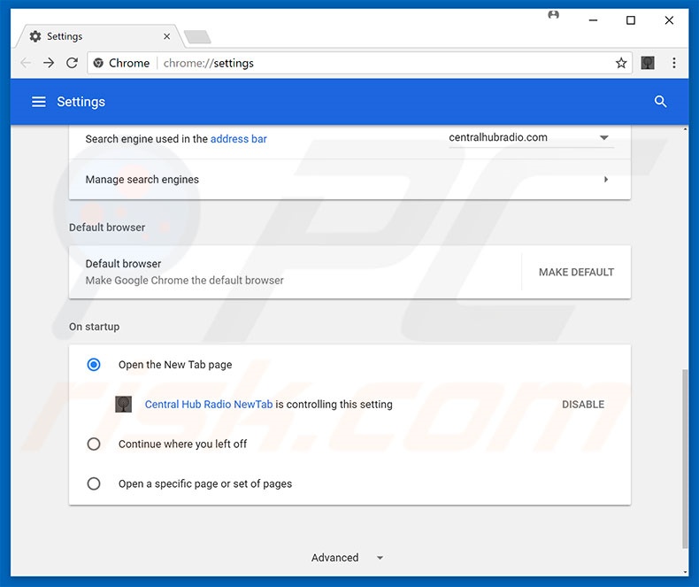 Removing home.centralhubradio.com from Google Chrome homepage
