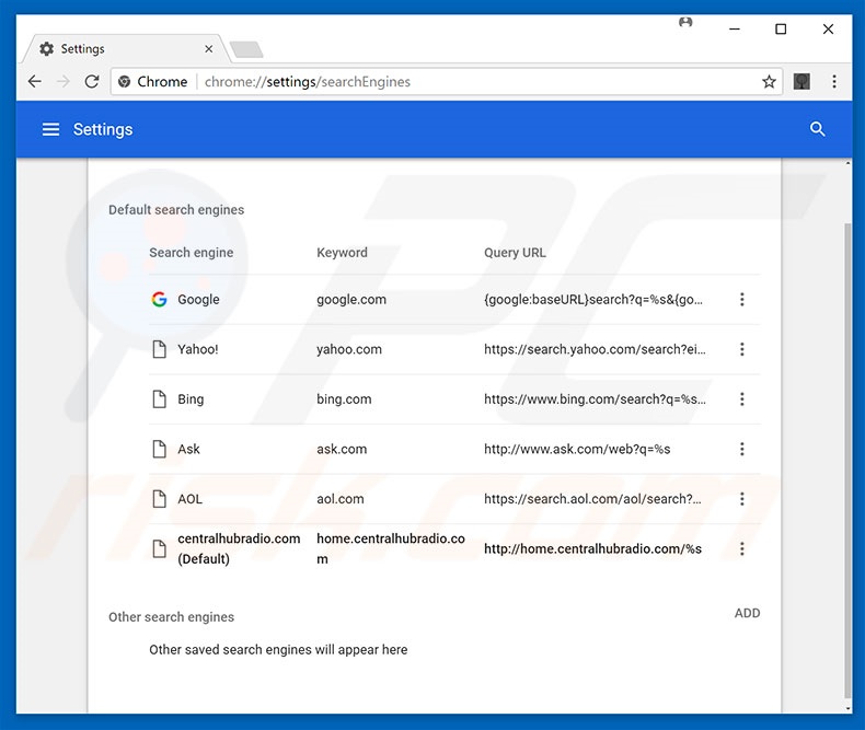 Removing home.centralhubradio.com from Google Chrome default search engine