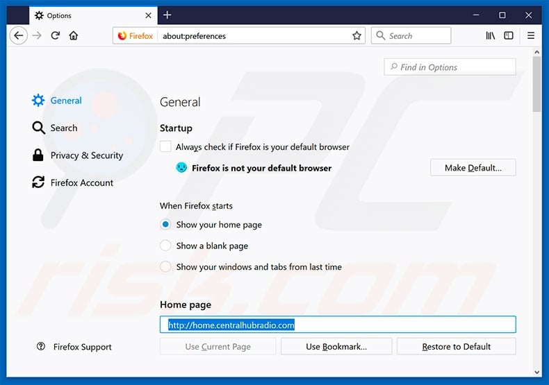 Removing home.centralhubradio.com from Mozilla Firefox homepage