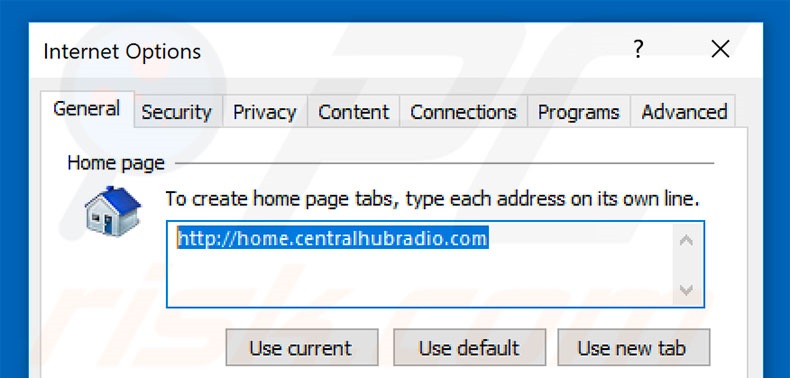 Removing home.centralhubradio.com from Internet Explorer homepage