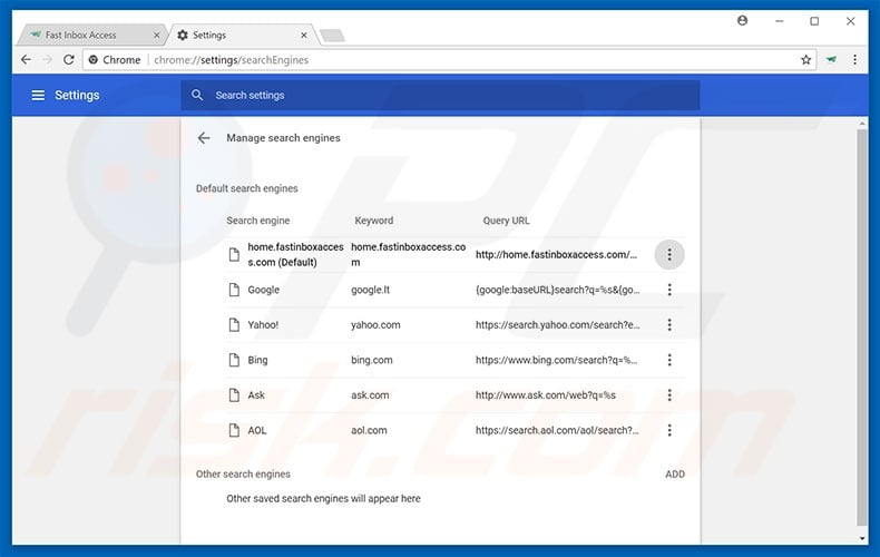 Removing home.fastinboxaccess.com from Google Chrome default search engine