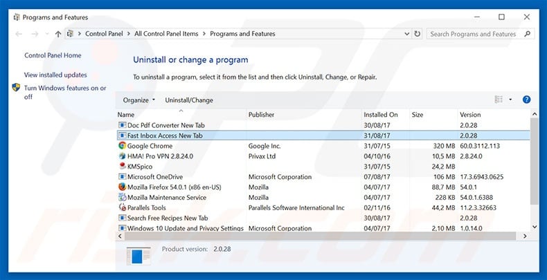 home.fastinboxaccess.com browser hijacker uninstall via Control Panel
