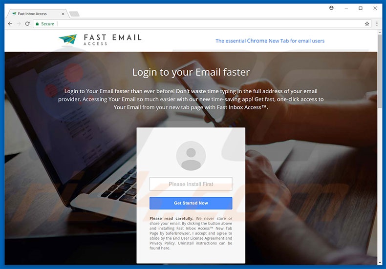 Website used to promote Fast Inbox Access browser hijacker