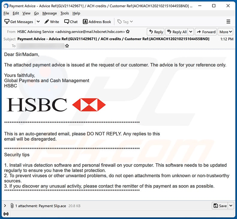 HSBC Email Virus malware