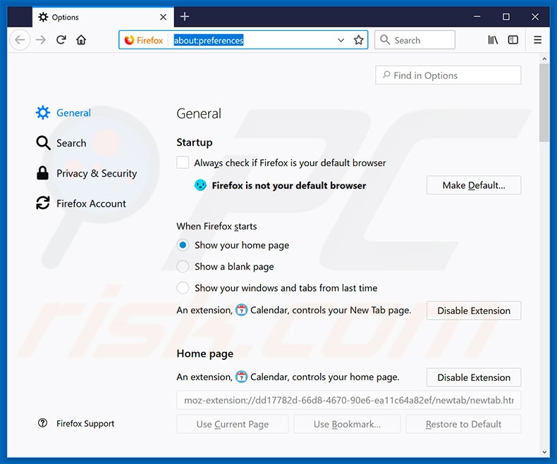 Removing search.hthecalendar.co from Mozilla Firefox homepage