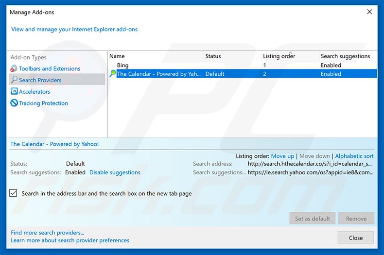 Removing search.hthecalendar.co from Internet Explorer default search engine