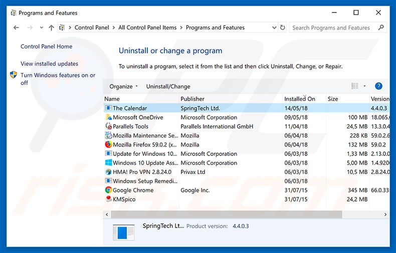 search.hthecalendar.co browser hijacker uninstall via Control Panel
