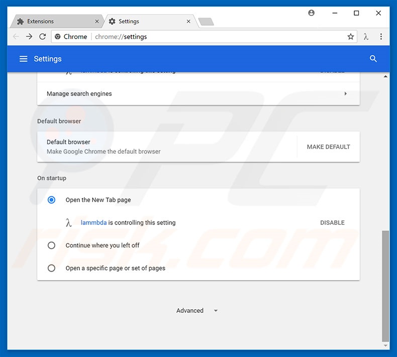 Removing lammbda.com from Google Chrome homepage