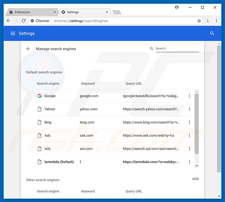 Removing lammbda.com from Google Chrome default search engine