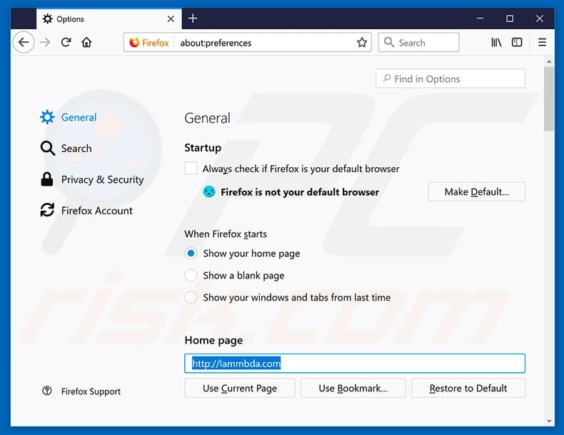Removing lammbda.com from Mozilla Firefox homepage