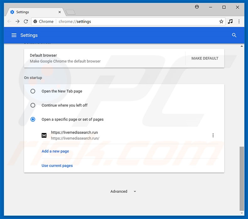 Removing livemediasearch.run from Google Chrome homepage