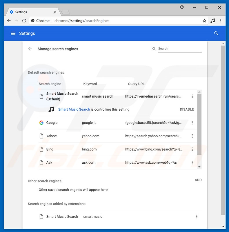 Removing livemediasearch.run from Google Chrome default search engine