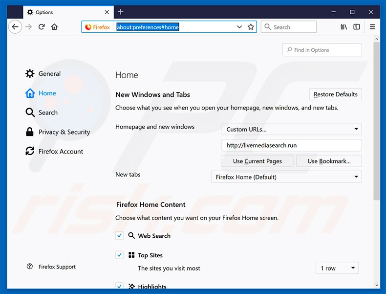 Removing livemediasearch.run from Mozilla Firefox homepage