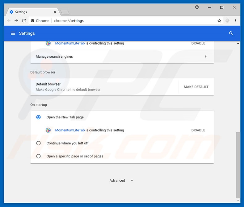 Removing search.momentumlite.com from Google Chrome homepage
