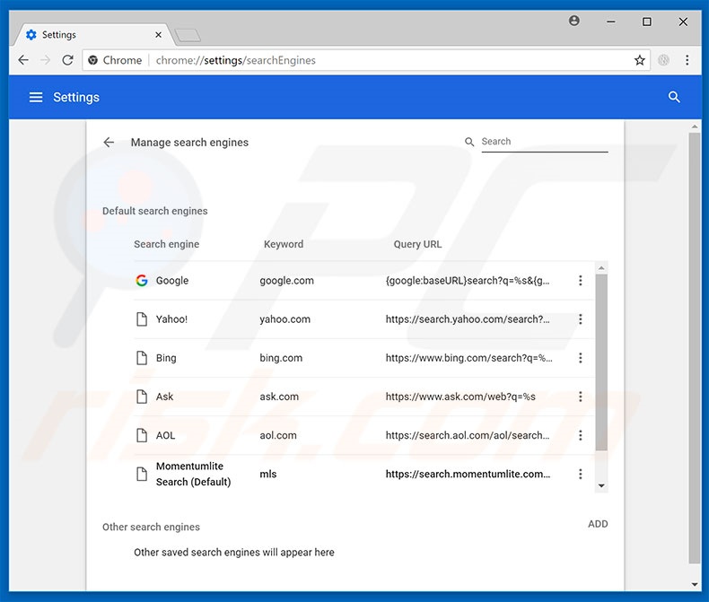 Removing search.momentumlite.com from Google Chrome default search engine