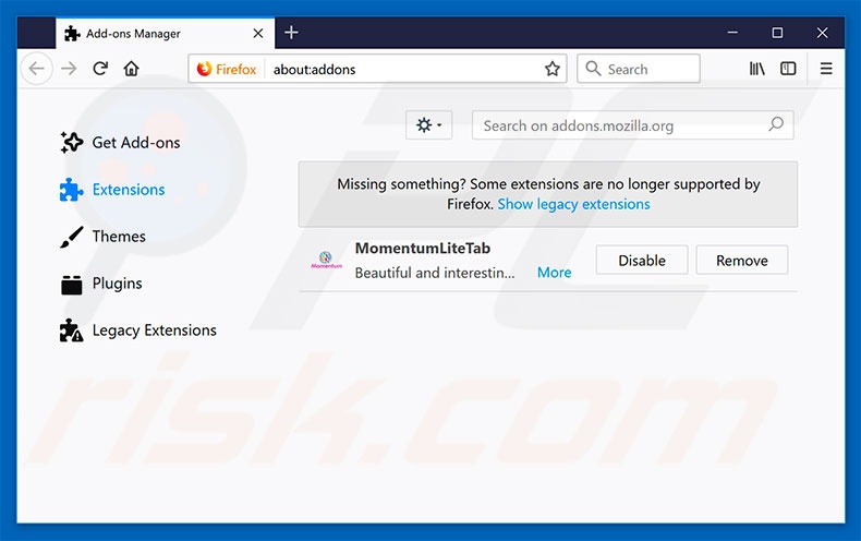 Removing search.momentumlite.com related Mozilla Firefox extensions