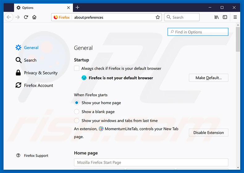Removing search.momentumlite.com from Mozilla Firefox homepage
