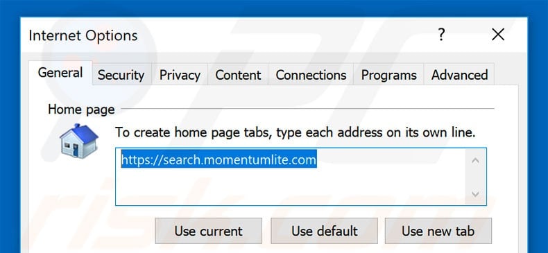 Removing search.momentumlite.com from Internet Explorer homepage