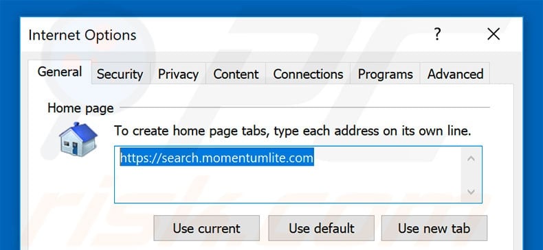 Removing search.momentumlite.com from Internet Explorer homepage