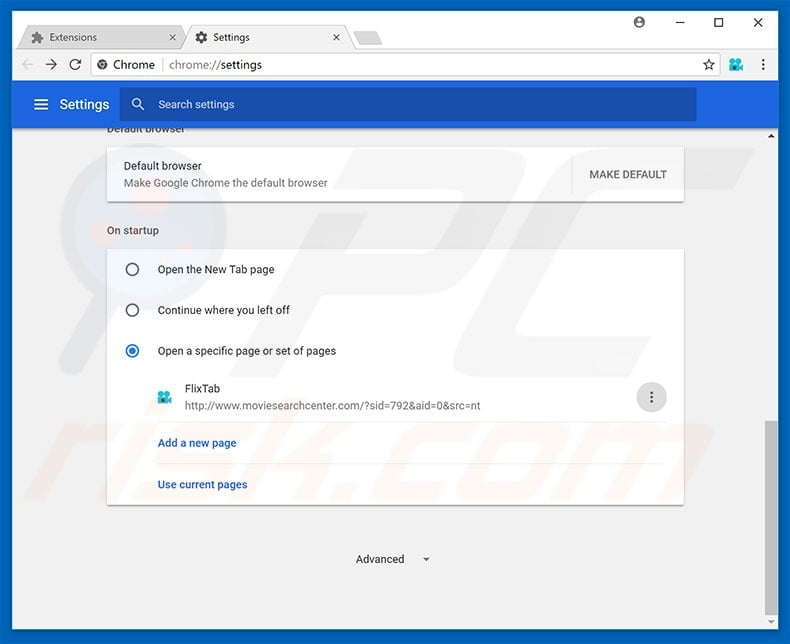 Removing moviesearchcenter.com from Google Chrome homepage