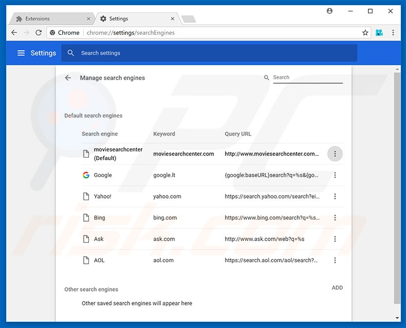 Removing moviesearchcenter.com from Google Chrome default search engine
