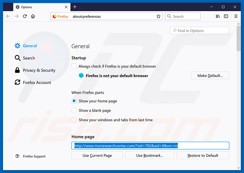 Removing moviesearchcenter.com from Mozilla Firefox homepage