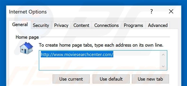 Removing moviesearchcenter.com from Internet Explorer homepage