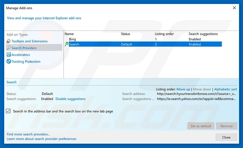 Removing moviesearchcenter.com from Internet Explorer default search engine