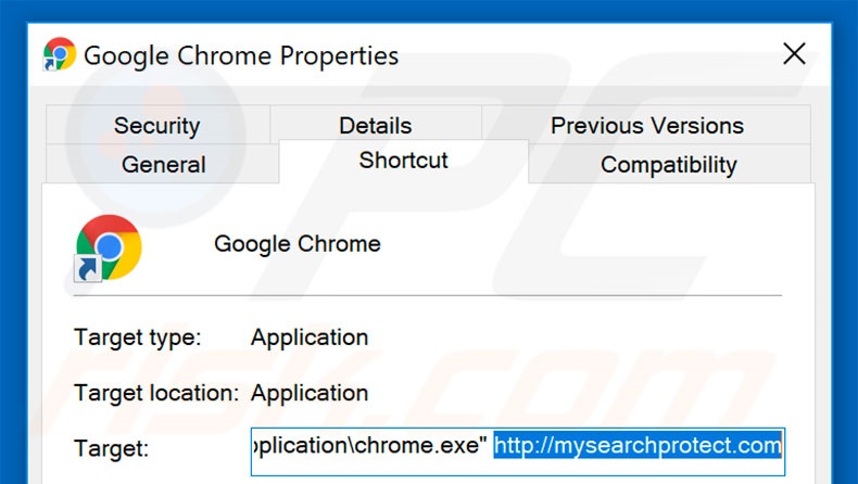 Removing mysearchprotect.com from Google Chrome shortcut target step 2