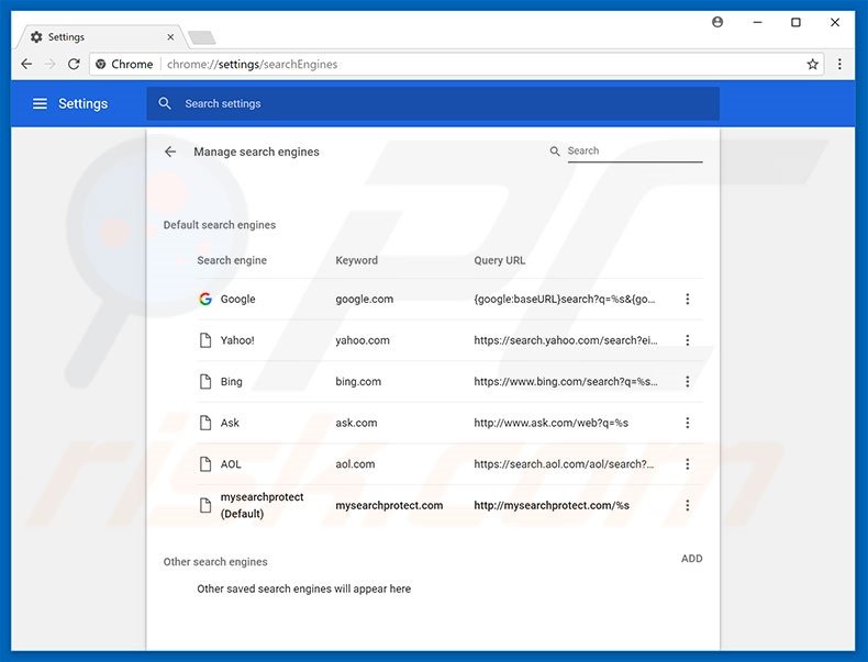 Removing mysearchprotect.com from Google Chrome default search engine