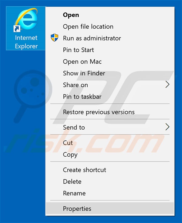 Removing mysearchprotect.com from Internet Explorer shortcut target step 1