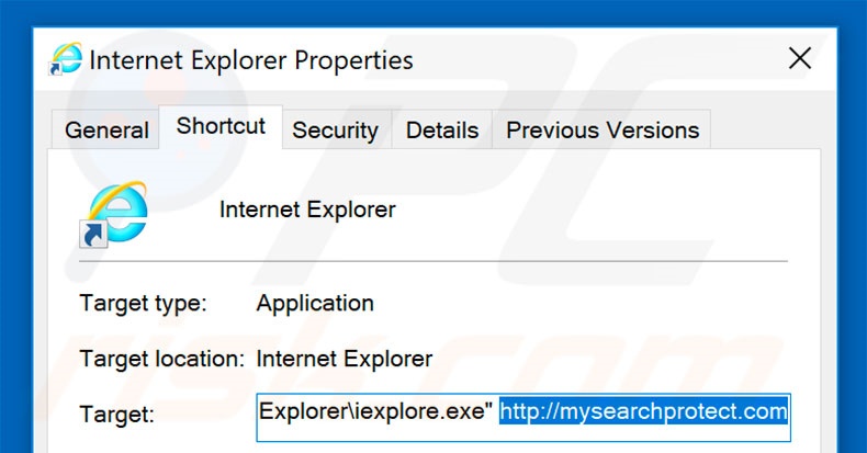 Removing mysearchprotect.com from Internet Explorer shortcut target step 2