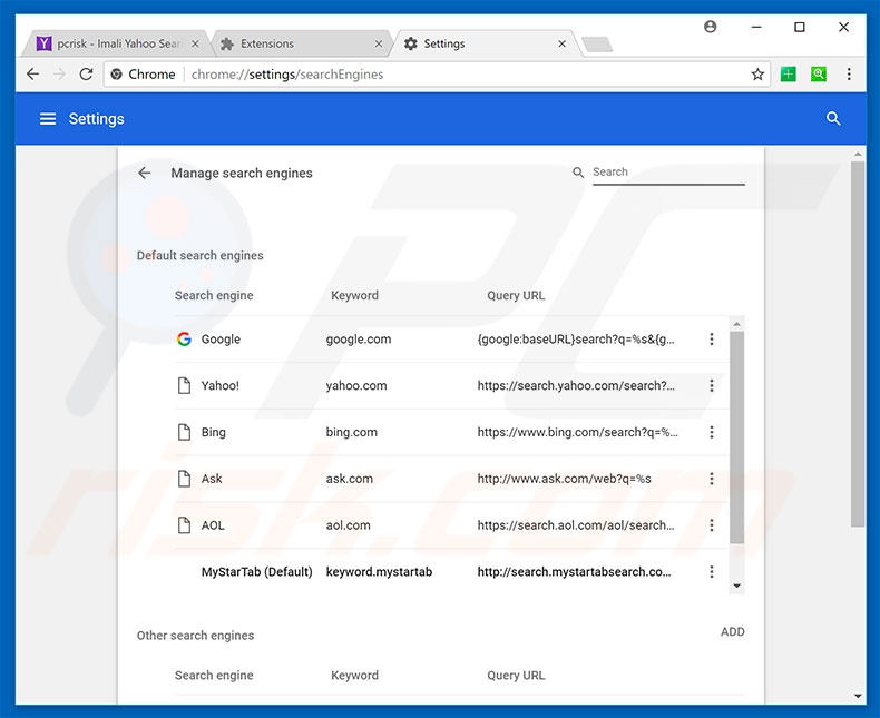 Removing search.mystartabsearch.com from Google Chrome default search engine