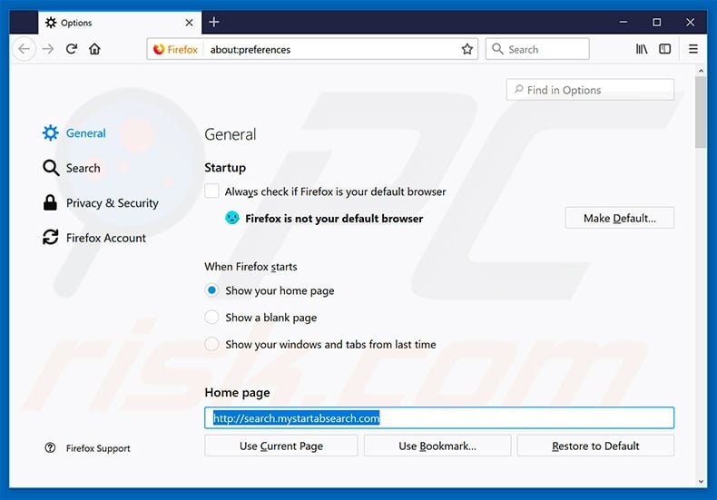 Removing search.mystartabsearch.com from Mozilla Firefox homepage