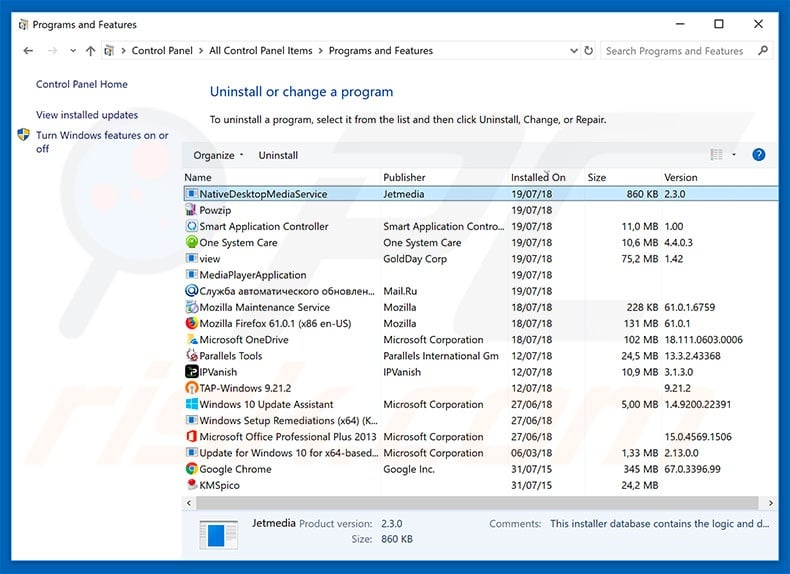 NativeDesktopMediaService adware uninstall via Control Panel