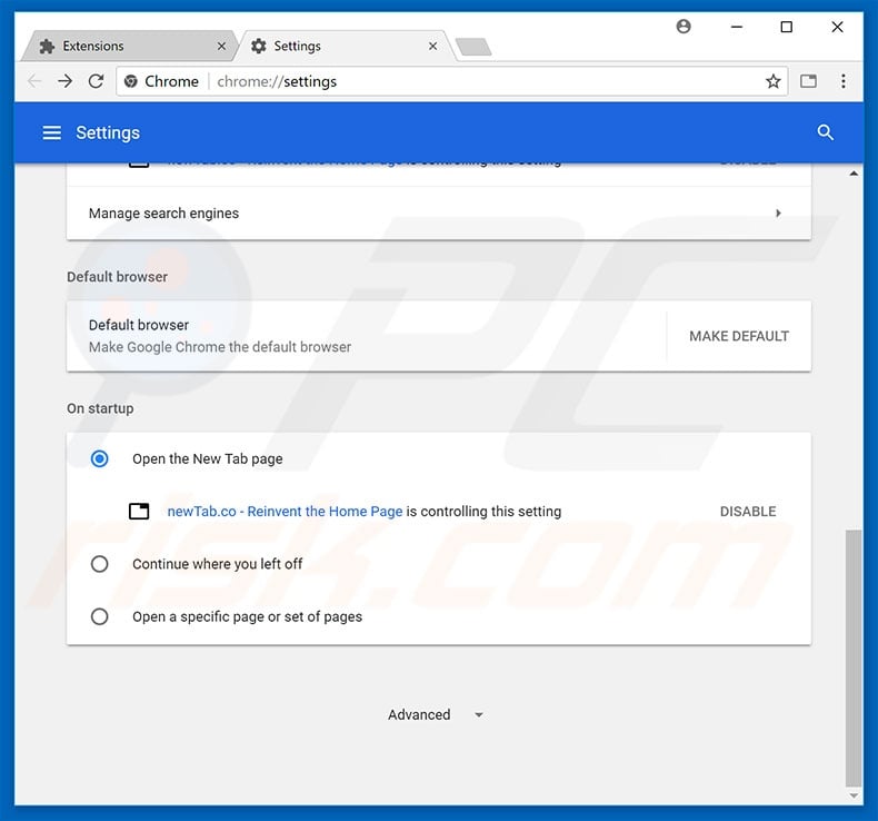 Removing newtab.co from Google Chrome homepage