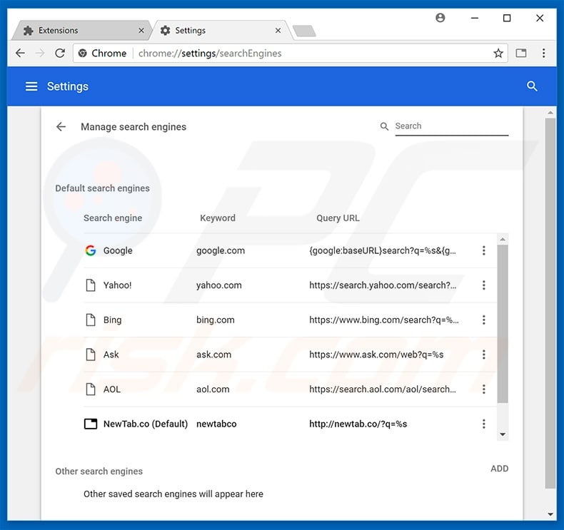 Removing newtab.co from Google Chrome default search engine