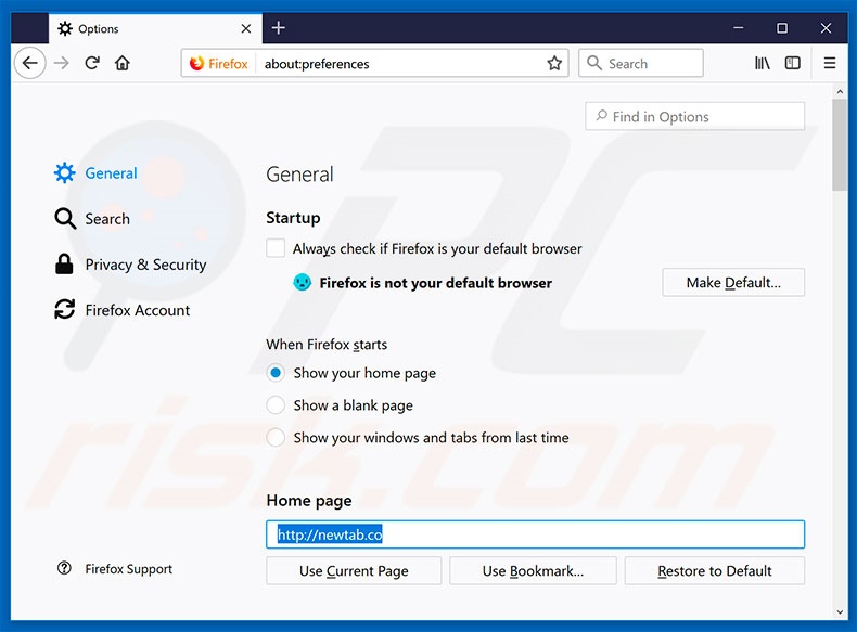 Removing newtab.co from Mozilla Firefox homepage