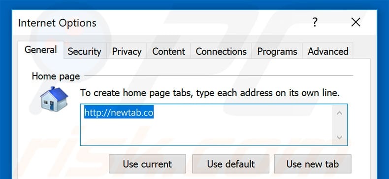 Removing newtab.co from Internet Explorer homepage