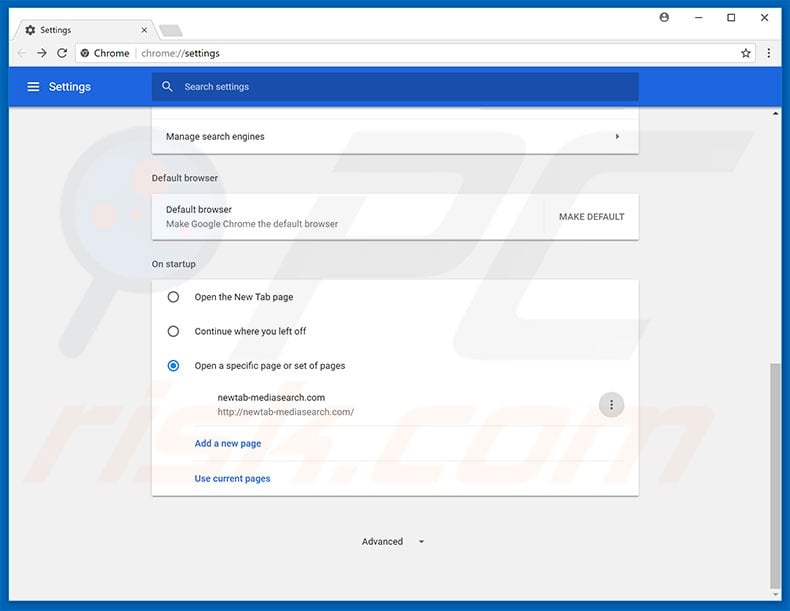 Removing newtab-mediasearch.com from Google Chrome homepage